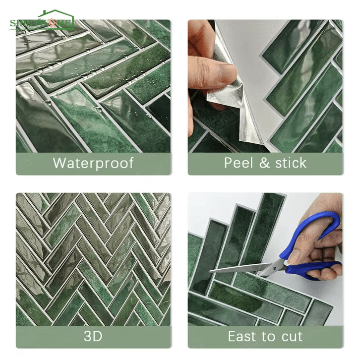 EZ 3D Green Herringbone Peel and Stick Wall Tiles - EZ Painting Tools