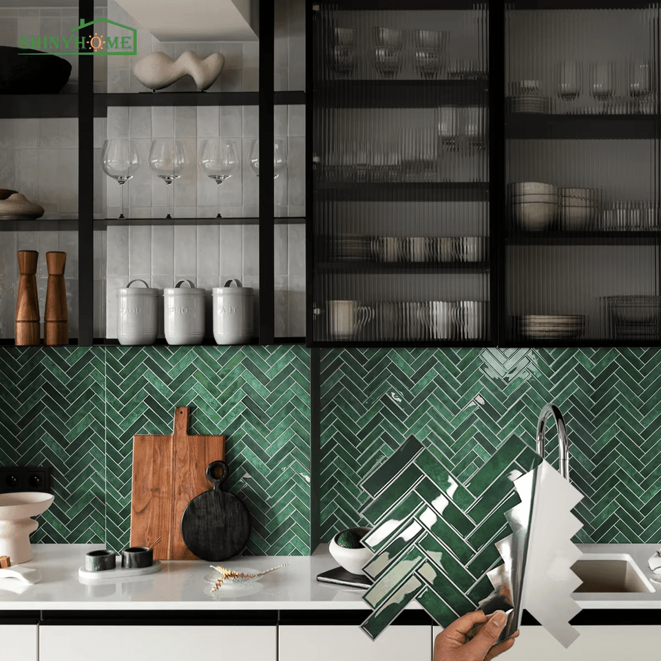 EZ 3D Green Herringbone Peel and Stick Wall Tiles - EZ Painting Tools