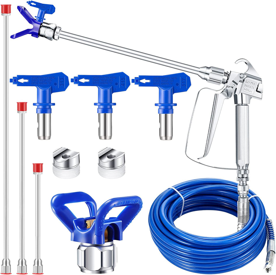 9Pcs Airless Sprayer Gun Hose Kit 50ft 3600psi High Pressure Tube with Extension Rod Pole 313 415 517 Tip - EZ Painting Tools